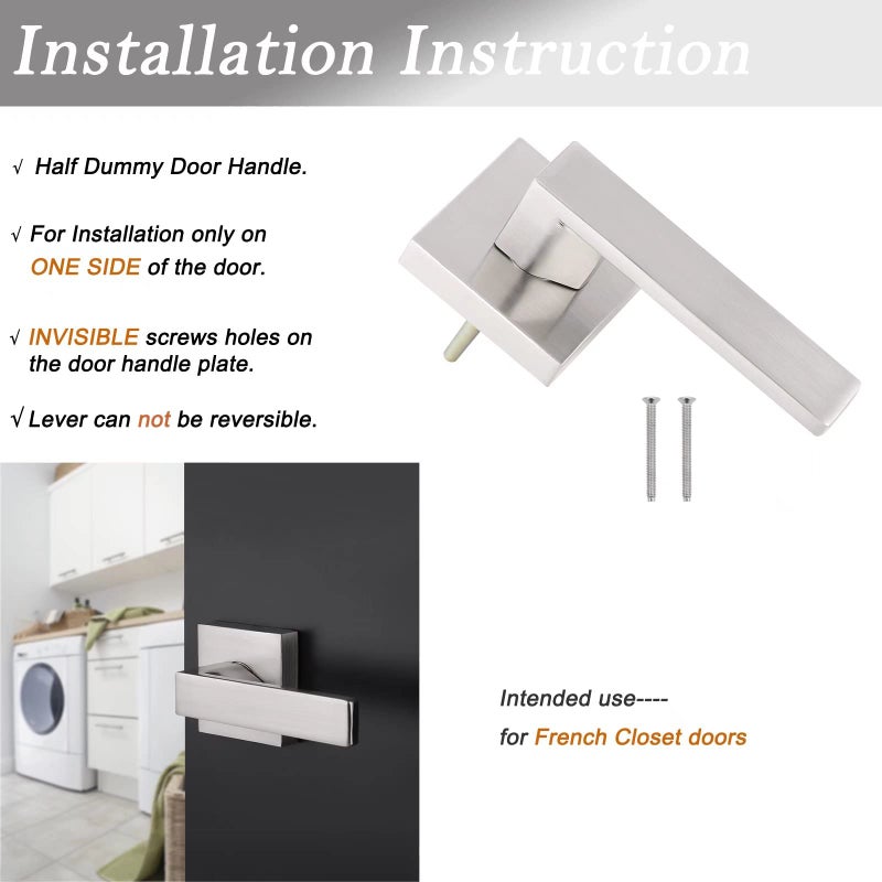 Probrico [Pack Of 10 Door Lever Dummy Lever Door Handle For Closets French Doors,Square Dummy Door Lever,Non-Turning Single Side Pull With Satin Nickel Finish,Easy Installation Pull Only Lever Set - Image 5