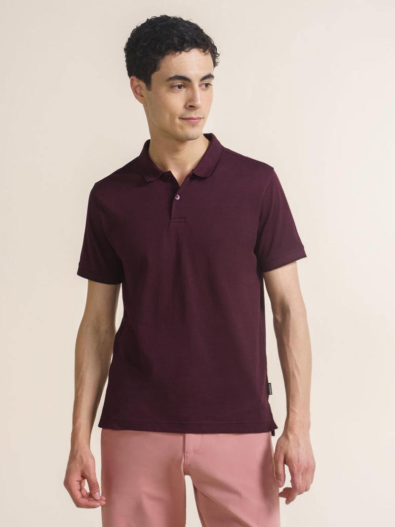 DAMENSCH All-Degree Solid Buttoned Polo T Shirt for Man, Pique Textured, Cotton, Thermoregulating Mens T Shirts with Collar, Recycled Fabric Tshirt Polo-Loyal Maroon-XL - Image 4