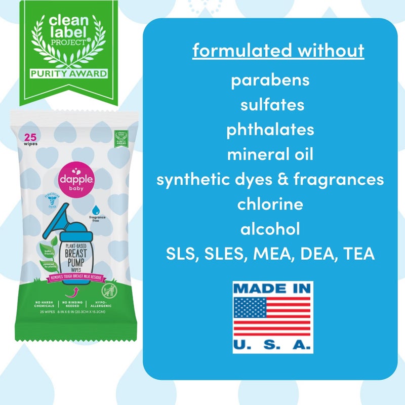 Dapple Breast Pump Wipes, Powered by Plants, Hypoallergenic, Removes Milk Residue, Fragrance Free, Convenient Wipes Pouch, 25 Count (2 Pack) - Image 3