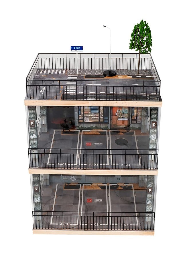 kivcmds 1:24 Scale Car Model Display Case with Parking Lot Scene for Sports Car and Lego Collectors, Display Stand for Alloy Car Model Toy with Light (3-Tiers Coffee Shop Parking Lot) - Image 1