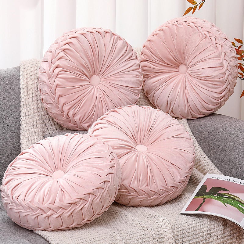 Beeveer 4 Pcs Round Throw Pillows 15 Inch Decorative Velvet Pleated Pumpkin Pillows Boho Floor Pillow with Center Button for Living Room Couch Chair Bed Sofa Home Decoration Light Pink - Image 2