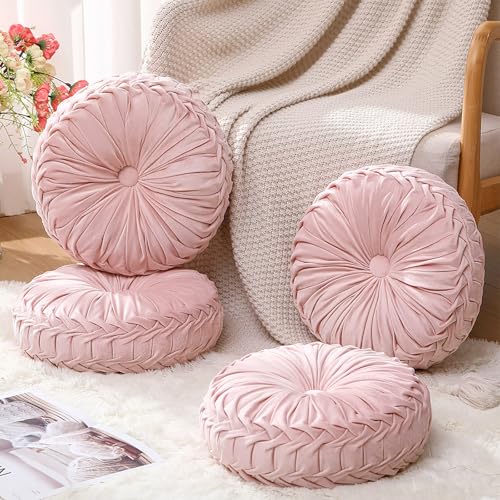 Beeveer 4 Pcs Round Throw Pillows 15 Inch Decorative Velvet Pleated Pumpkin Pillows Boho Floor Pillow with Center Button for Living Room Couch Chair Bed Sofa Home Decoration Light Pink - Image 3
