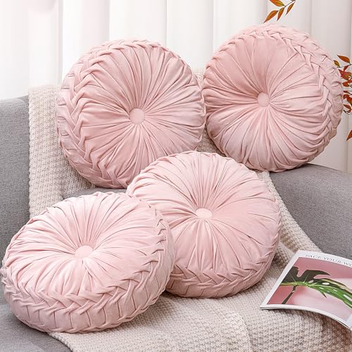 Beeveer 4 Pcs Round Throw Pillows 15 Inch Decorative Velvet Pleated Pumpkin Pillows Boho Floor Pillow with Center Button for Living Room Couch Chair Bed Sofa Home Decoration Light Pink - Image 1