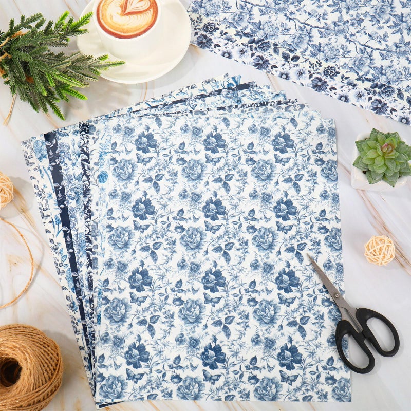 FYSUIMU 12 Sheets Blue Floral Heat Transfer Vinyl Watercolor Flower HTV Iron on Vinyl Vintage Chinoiserie Adhesive Vinyls for Clothing Costume DIY Fabric Crafts, 12 x 10 Inch - Image 4