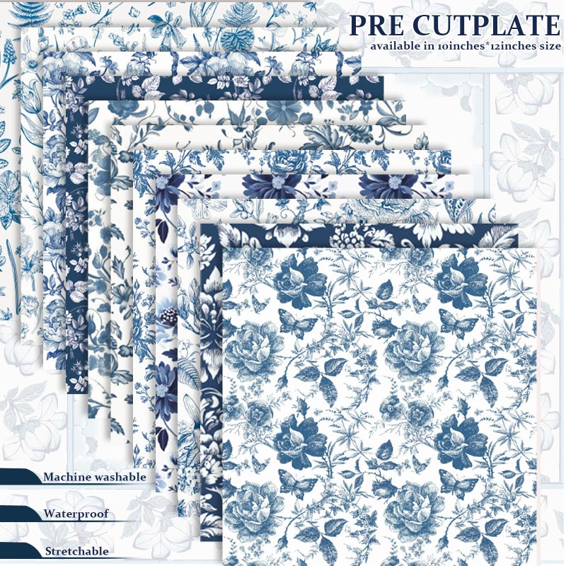 FYSUIMU 12 Sheets Blue Floral Heat Transfer Vinyl Watercolor Flower HTV Iron on Vinyl Vintage Chinoiserie Adhesive Vinyls for Clothing Costume DIY Fabric Crafts, 12 x 10 Inch - Image 2