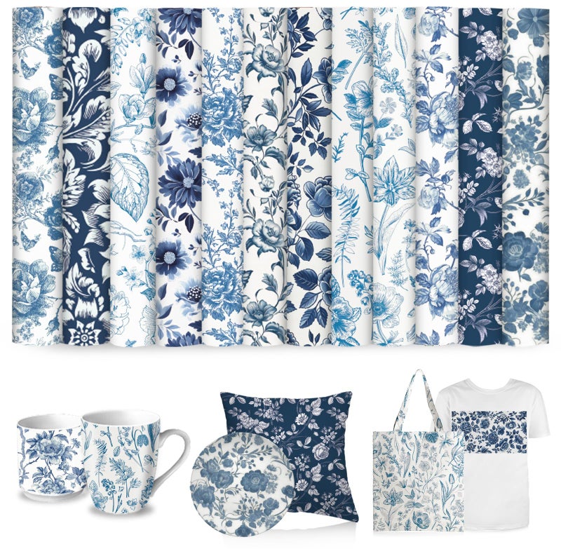 FYSUIMU 12 Sheets Blue Floral Heat Transfer Vinyl Watercolor Flower HTV Iron on Vinyl Vintage Chinoiserie Adhesive Vinyls for Clothing Costume DIY Fabric Crafts, 12 x 10 Inch - Image 1