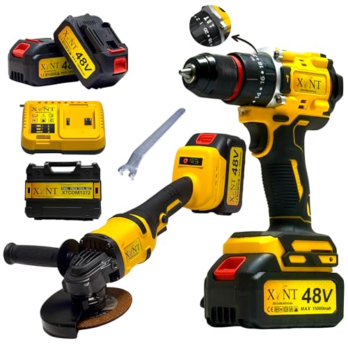 XLNT 48V 2-Tool Combo Kit | Brushless Impact Drill & Angle Grinder | 3-Mode Hammer Drill 10mm, 2x15Ah Batteries, Fast Charger | Heavy Duty BMC Case | Professional Home Industrial - Image 1