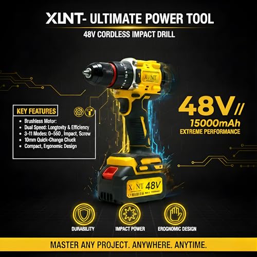 XLNT 48V 2-Tool Combo Kit | Brushless Impact Drill & Angle Grinder | 3-Mode Hammer Drill 10mm, 2x15Ah Batteries, Fast Charger | Heavy Duty BMC Case | Professional Home Industrial - Image 2