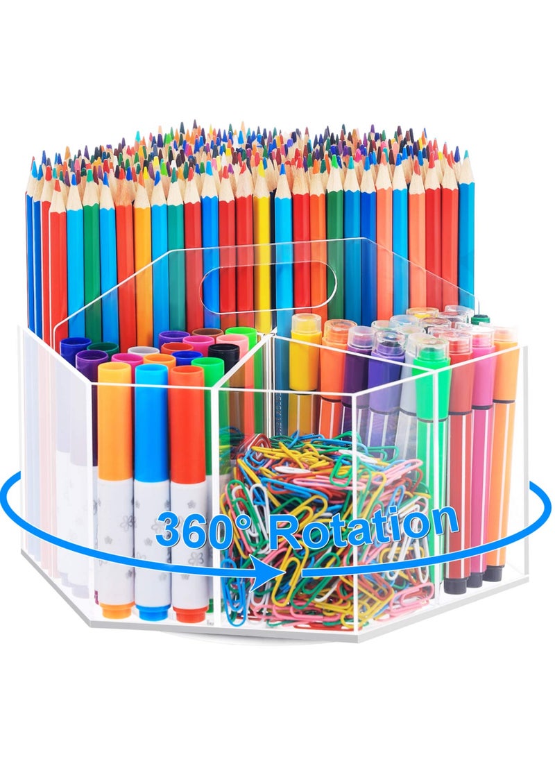 Clear Acrylic 360-Degree Rotating Hexagon Pen Holder, Stylish Desktop Organizer for Office, School and Home, Ideal for Stationery and Art Supplies, Great Gift Idea for Kids - Image 1