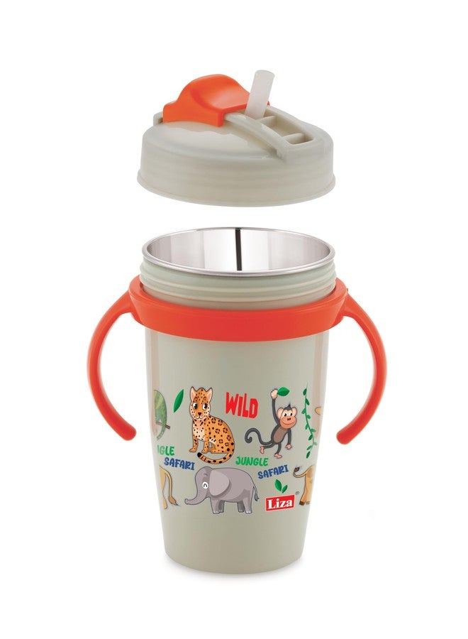Zerya Stainless Steel Double Walled 360ml BPA-Free Sippy Cup Anti-Spill Soft Silicone Spout Baby Sipper Water Bottle with Straw and Side Handle for Kids (Snozzy - Grey) - Image 1