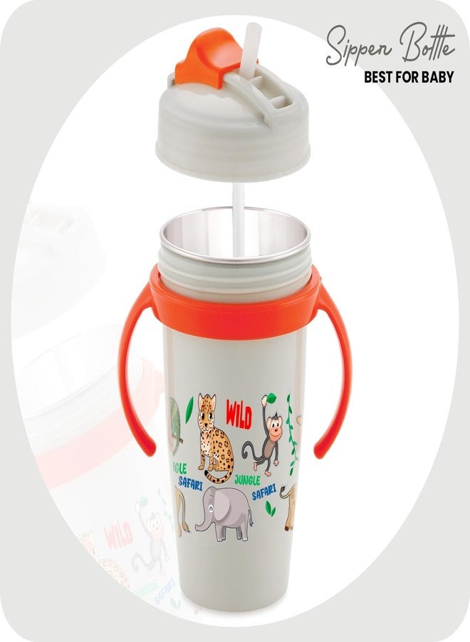Zerya Stainless Steel Double Walled 360ml BPA-Free Sippy Cup Anti-Spill Soft Silicone Spout Baby Sipper Water Bottle with Straw and Side Handle for Kids (Snozzy - Grey) - Image 3
