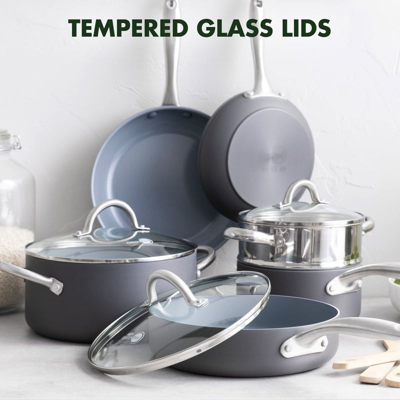 Greenpan مجموعة أواني الطهي 12 قطعة من GreenPan Lima المصنوعة من السيراميك الصحي غير اللاصق، خالية من PFAS، آمنة للاستخدام في الفرن، رمادي - Image 3