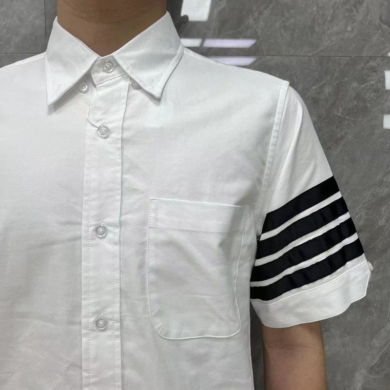 Sleeve Black Ribbon Four Bars Striped Short Sleeve Shirt Men And Women Couples Same Fashion - Image 5