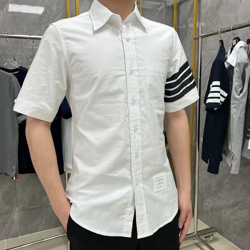 Sleeve Black Ribbon Four Bars Striped Short Sleeve Shirt Men And Women Couples Same Fashion - Image 4