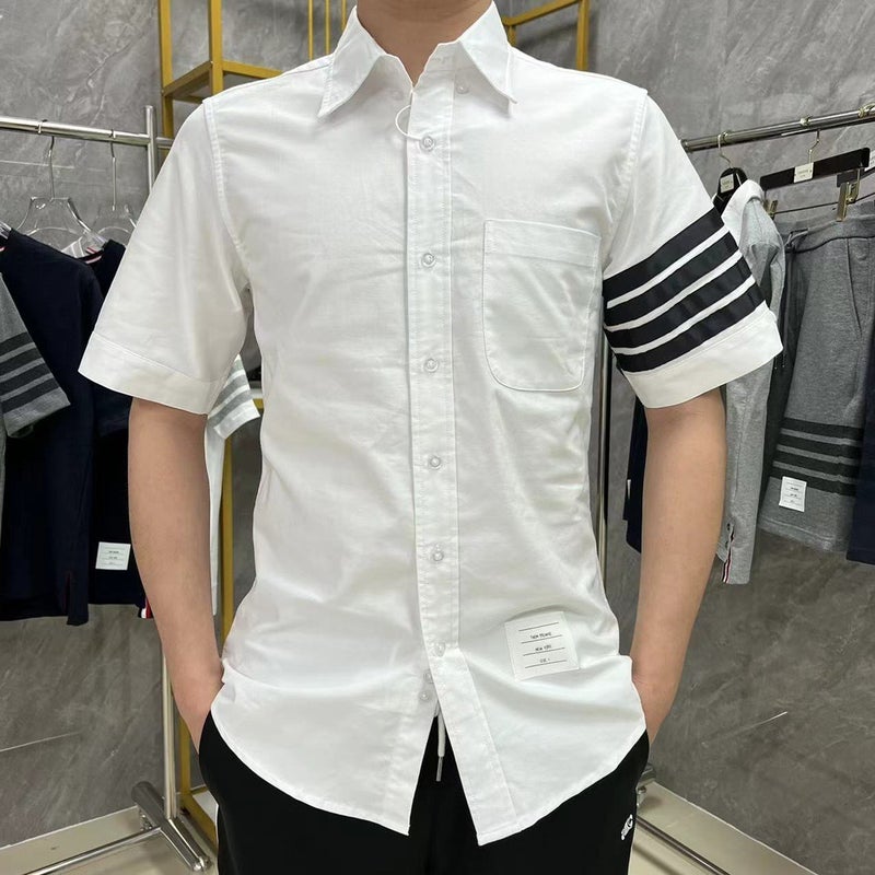 Sleeve Black Ribbon Four Bars Striped Short Sleeve Shirt Men And Women Couples Same Fashion - Image 3