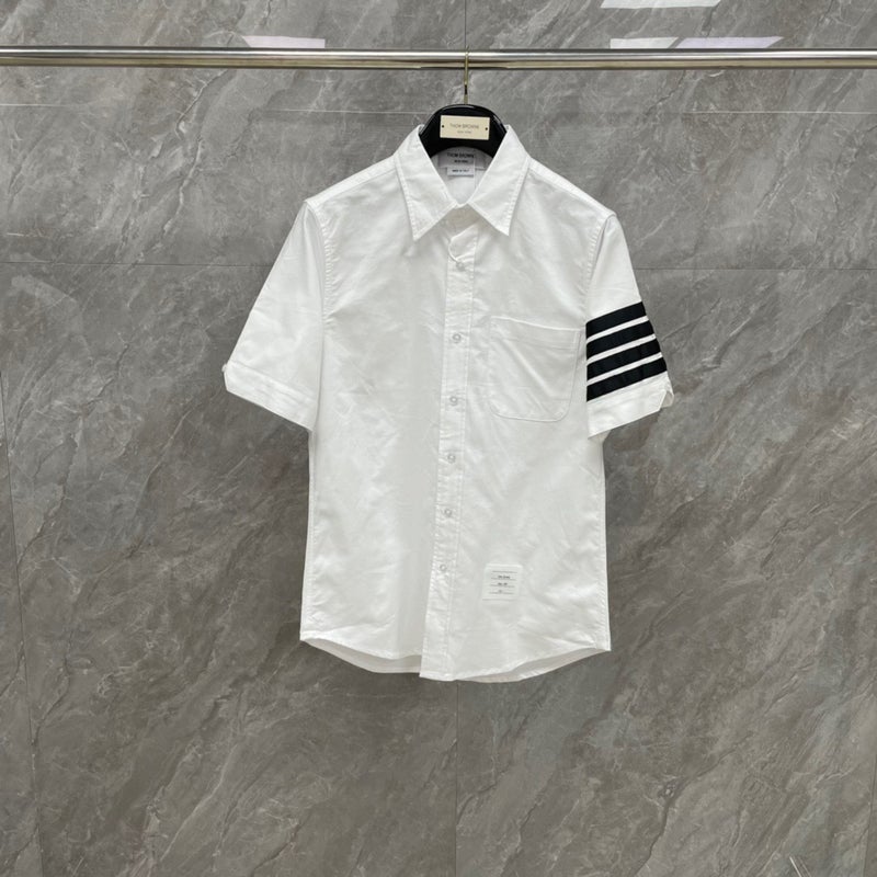 Sleeve Black Ribbon Four Bars Striped Short Sleeve Shirt Men And Women Couples Same Fashion - Image 2