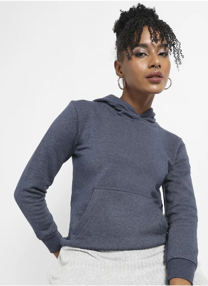 Campus Sutra Women's Prussian Blue Heathered Hoodie With Kangaroo Pocket