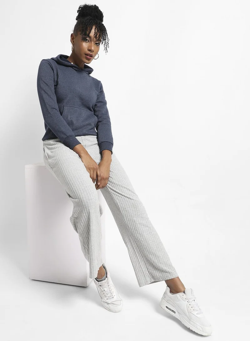 Campus Sutra Women's Prussian Blue Heathered Hoodie With Kangaroo Pocket