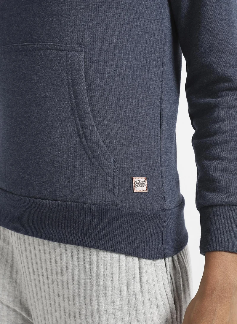 Campus Sutra Women's Prussian Blue Heathered Hoodie With Kangaroo Pocket