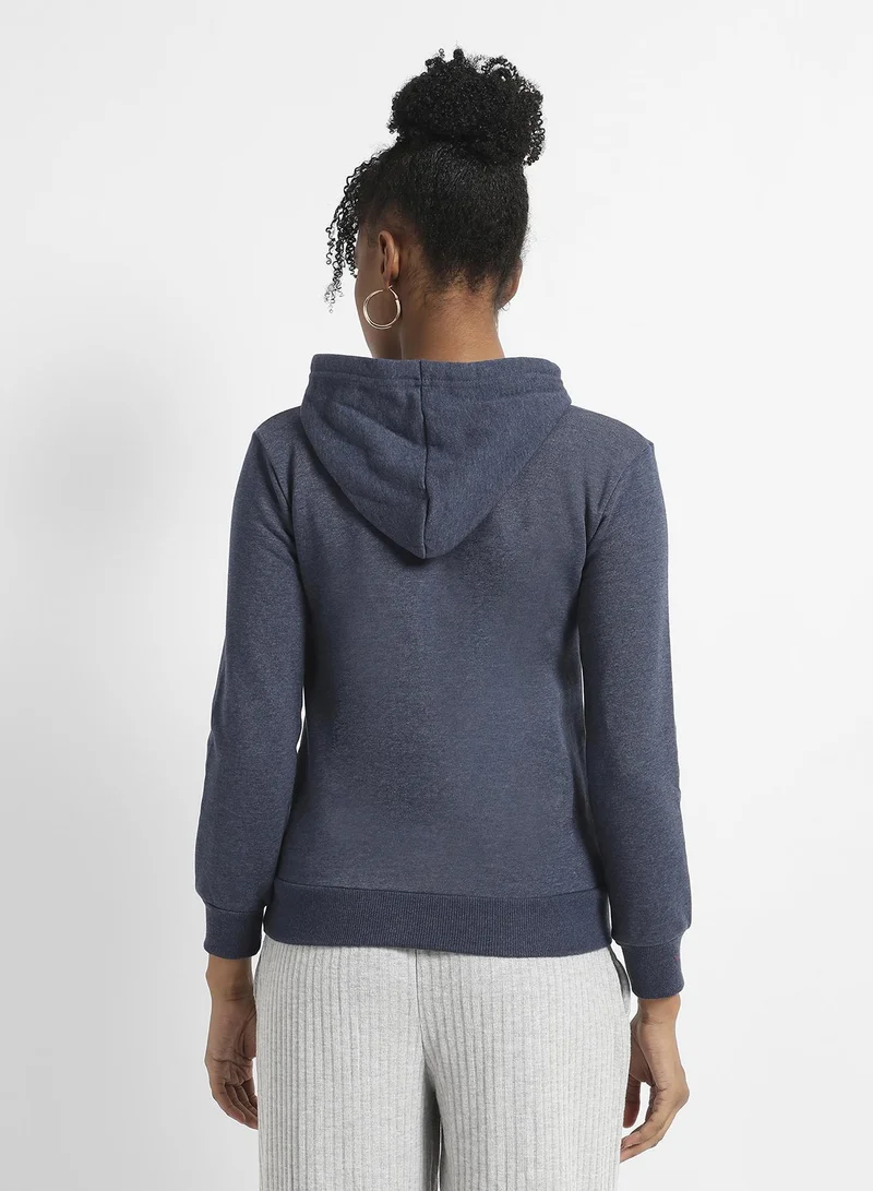 Campus Sutra Women's Prussian Blue Heathered Hoodie With Kangaroo Pocket