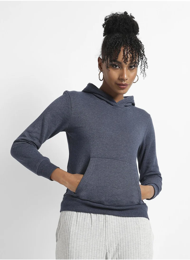 Campus Sutra Women's Prussian Blue Heathered Hoodie With Kangaroo Pocket