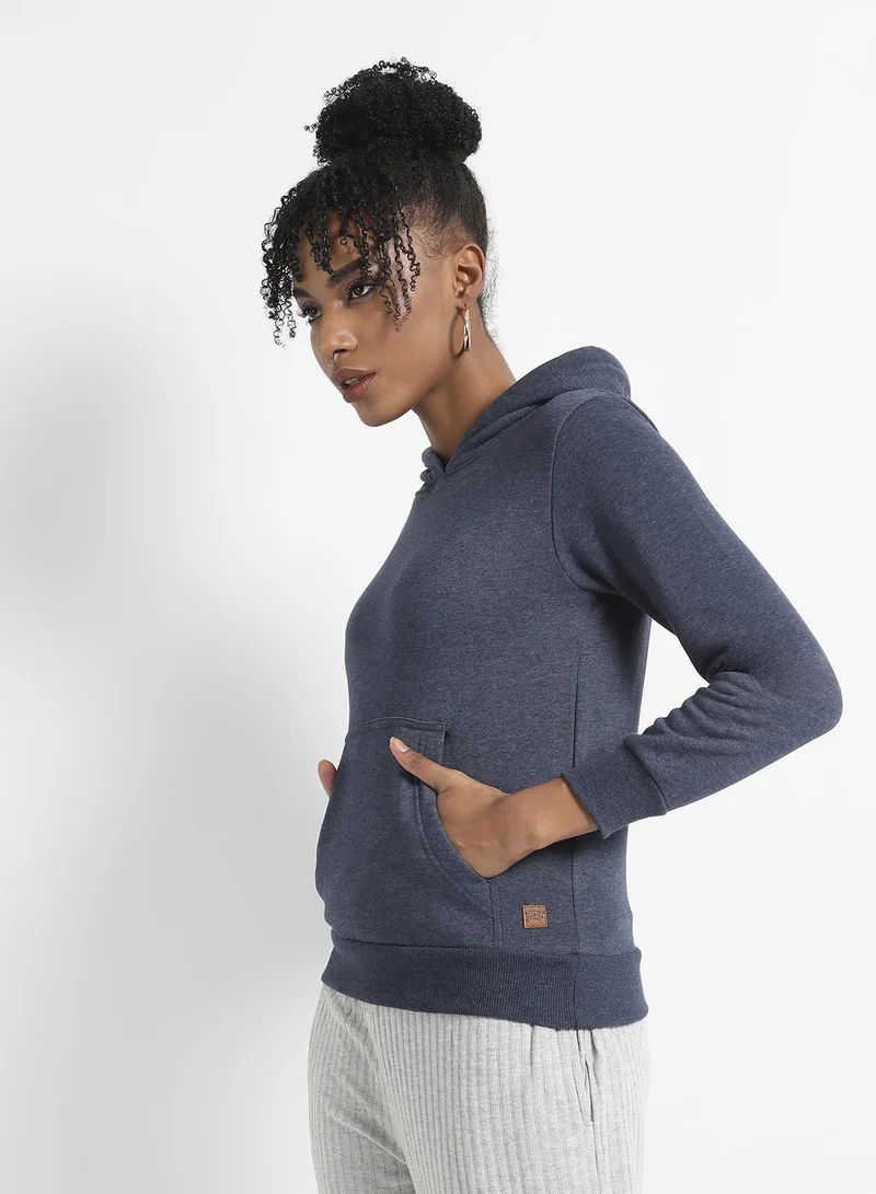 Campus Sutra Women's Prussian Blue Heathered Hoodie With Kangaroo Pocket