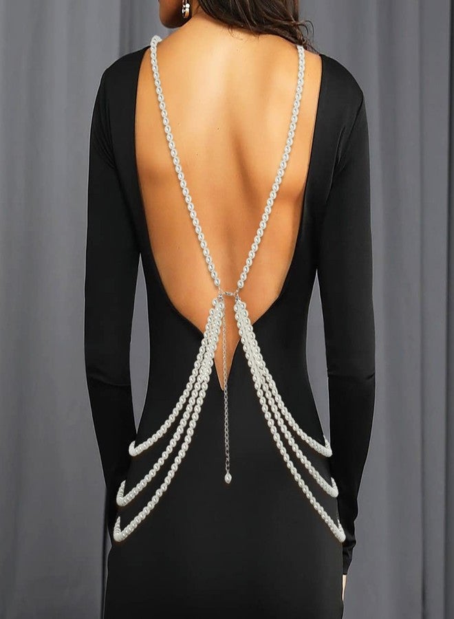 ELABEST Pearl Body Chain White Layered Pearls Crystal Cross Body Jewelry for Women - Image 4