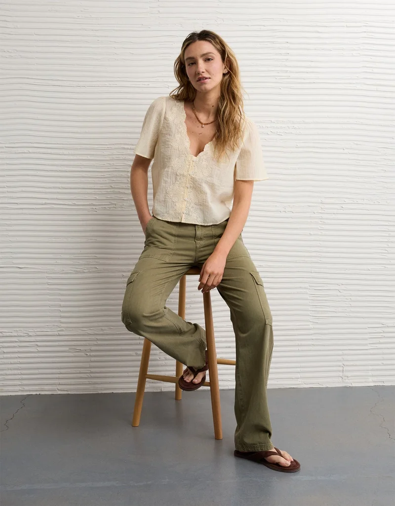 American Eagle  AE Lace Trim Short-Sleeve Blouse for Women | Best Price UAE