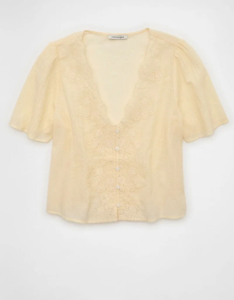 American Eagle  AE Lace Trim Short-Sleeve Blouse for Women | Best Price UAE