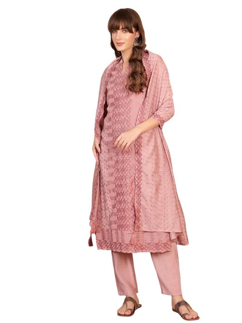 SHOPPING QUEEN Women's Chinnon Embroidered Kurta Set with Dupatta (A665_Dusty Rose_XL) - Image 1
