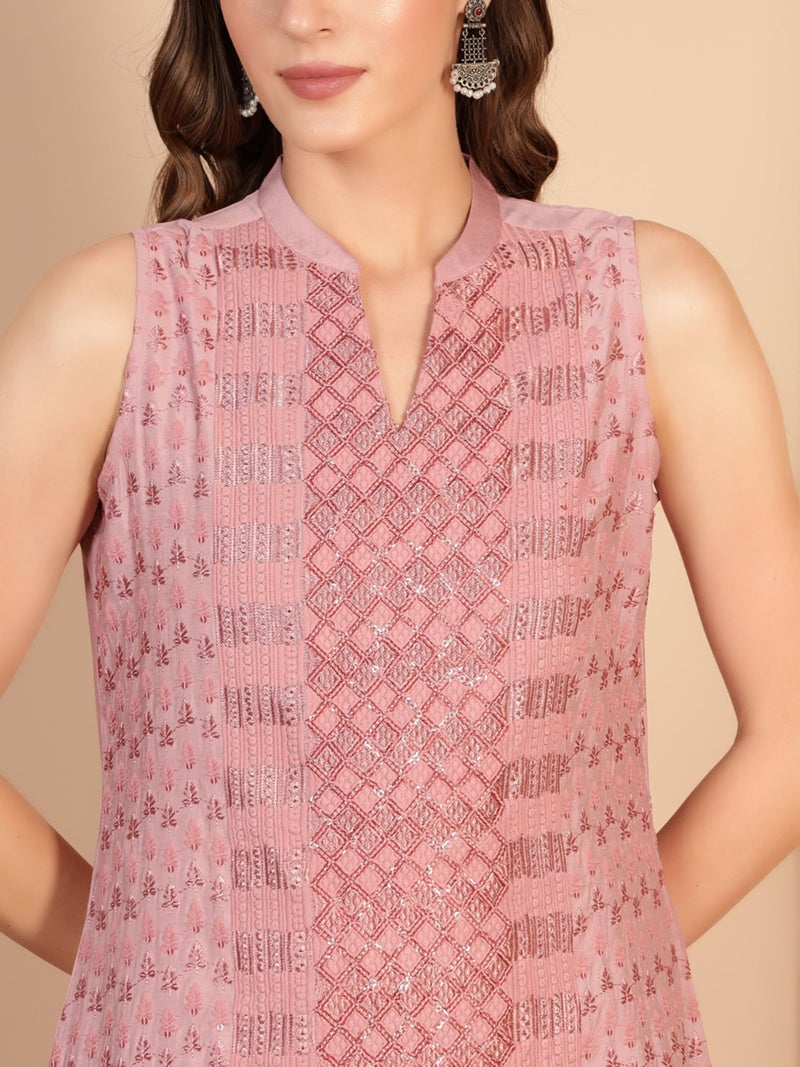 SHOPPING QUEEN Women's Chinnon Embroidered Kurta Set with Dupatta (A665_Dusty Rose_XL) - Image 4
