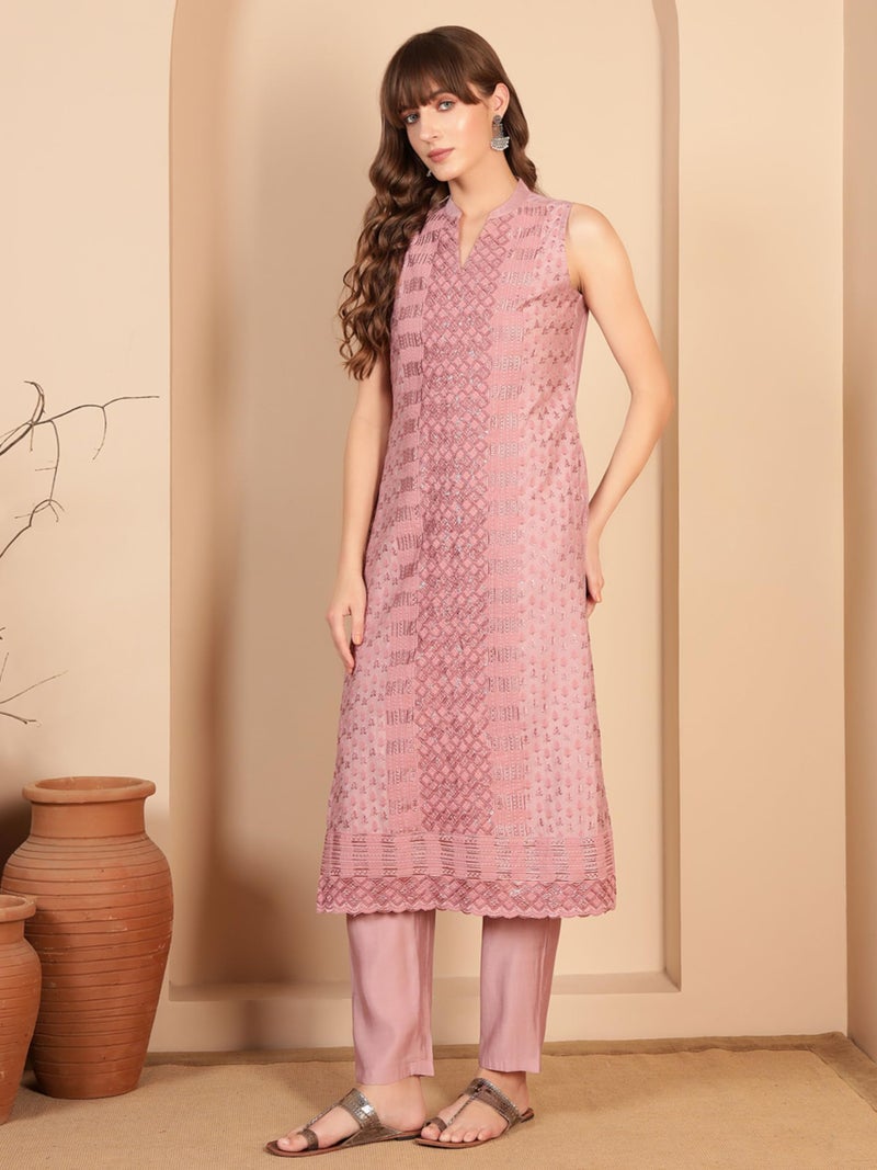 SHOPPING QUEEN Women's Chinnon Embroidered Kurta Set with Dupatta (A665_Dusty Rose_XL) - Image 3