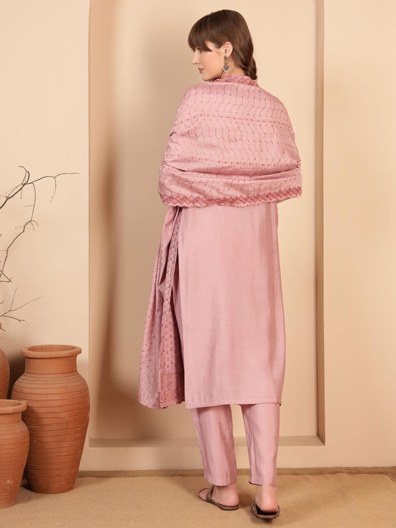 SHOPPING QUEEN Women's Chinnon Embroidered Kurta Set with Dupatta (A665_Dusty Rose_XL) - Image 2