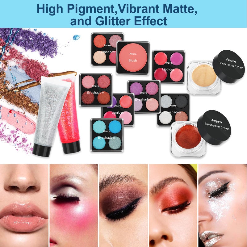 Anpro All-In-One Makeup Kit for Girls 10-12 with Case, Pro Teen Makeup Set, Tween Makeup Kit for Teens Women, Full Make Up Starter Kit with Brushes, Lipstick, Eye Shadow, Palette, Blush, Glitter Gel - Image 3