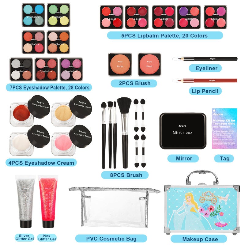 Anpro All-In-One Makeup Kit for Girls 10-12 with Case, Pro Teen Makeup Set, Tween Makeup Kit for Teens Women, Full Make Up Starter Kit with Brushes, Lipstick, Eye Shadow, Palette, Blush, Glitter Gel - Image 2