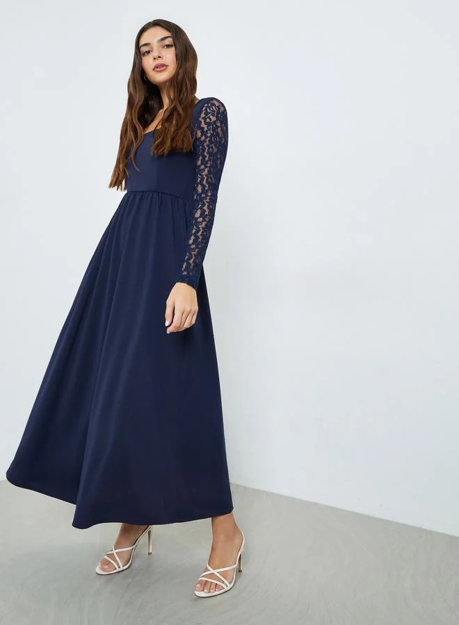Styli Navy Blue Lace Sleeves A-Line Maxi Dress