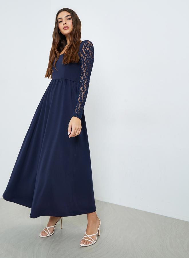 Styli Navy Blue Lace Sleeves A-Line Maxi Dress - Image 1
