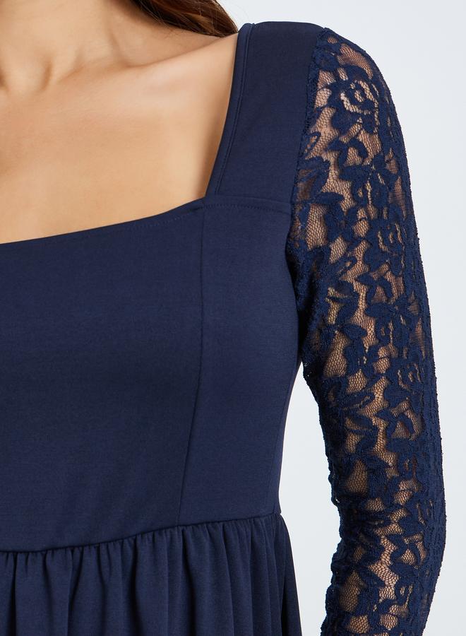 Styli Navy Blue Lace Sleeves A-Line Maxi Dress - Image 4
