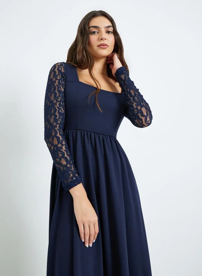 Styli Navy Blue Lace Sleeves A-Line Maxi Dress