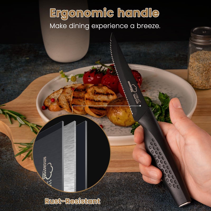 Amorston Steak Knives, Steak Knives Set of 8, Stainless Steel Steak Knife Set, Serrated Knives Dishwasher Safe, Elegant Black - Image 4