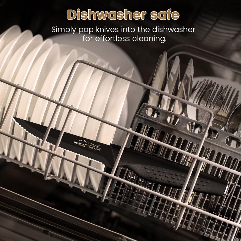 Amorston Steak Knives, Steak Knives Set of 8, Stainless Steel Steak Knife Set, Serrated Knives Dishwasher Safe, Elegant Black - Image 5