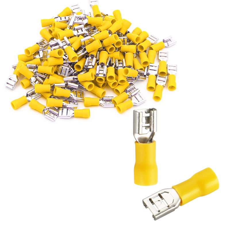 Baomain 1/4" Female Quick Disconnect Spade Terminals,Insulated Crimp Connectors 12-10 AWG 6.3mm (0.25 inch),Yellow, (100-Pack) - Image 1