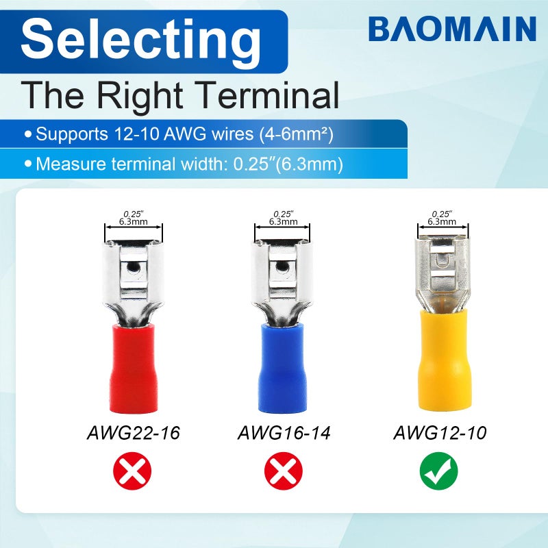 Baomain 1/4" Female Quick Disconnect Spade Terminals,Insulated Crimp Connectors 12-10 AWG 6.3mm (0.25 inch),Yellow, (100-Pack) - Image 4