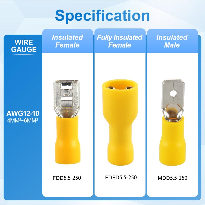 Baomain 1/4" Female Quick Disconnect Spade Terminals,Insulated Crimp Connectors 12-10 AWG 6.3mm (0.25 inch),Yellow, (100-Pack) - Image 3