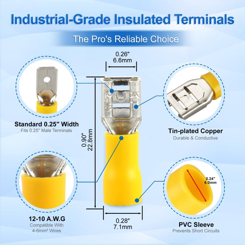 Baomain 1/4" Female Quick Disconnect Spade Terminals,Insulated Crimp Connectors 12-10 AWG 6.3mm (0.25 inch),Yellow, (100-Pack) - Image 2