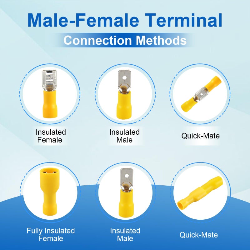 Baomain 1/4" Female Quick Disconnect Spade Terminals,Insulated Crimp Connectors 12-10 AWG 6.3mm (0.25 inch),Yellow, (100-Pack) - Image 5