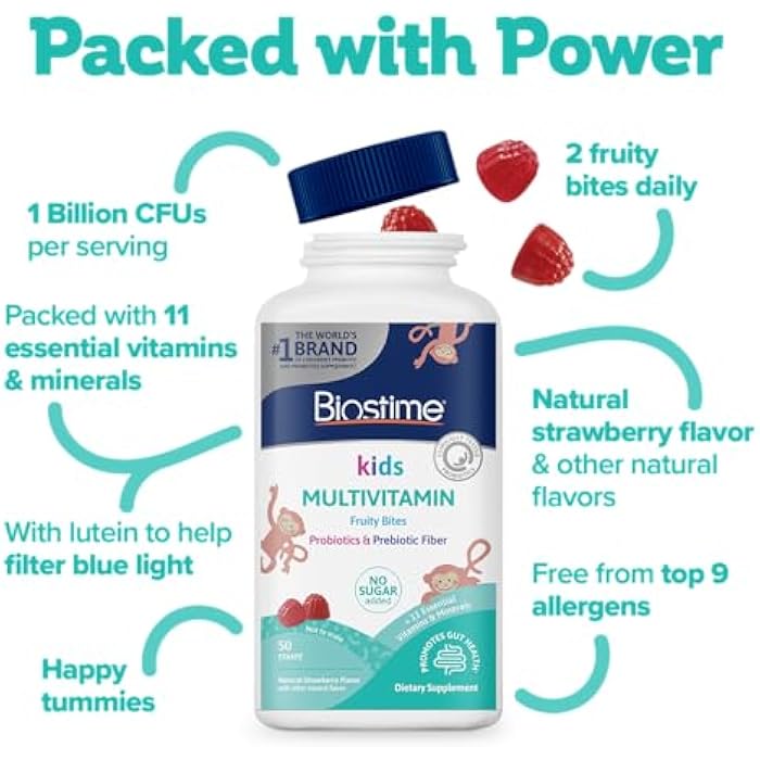 Biostime Kids Multivitamin Gummies with Probiotics & 11 Essential Vitamins (Ages 4+) | Multivitamin for Kids | No Added Sugar Fruity Bites | Free from Top 9 Allergens | 50 Count - Image 4