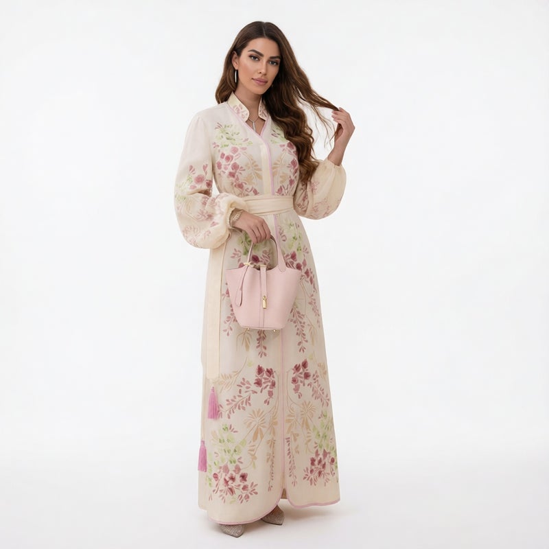 فستان ماكسي بأكمام طويلة وياقة على شكل حرف V، مطبوع بأزهار، بتصميم كلاسيكي - Image 3