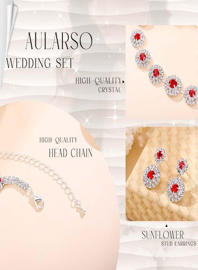Aularso Rhinestone Bridal Wedding Set Crystal Necklace and Earrings Set Choker Necklace Bridal Wedding Jewelry Set for Women (Red) - Image 3