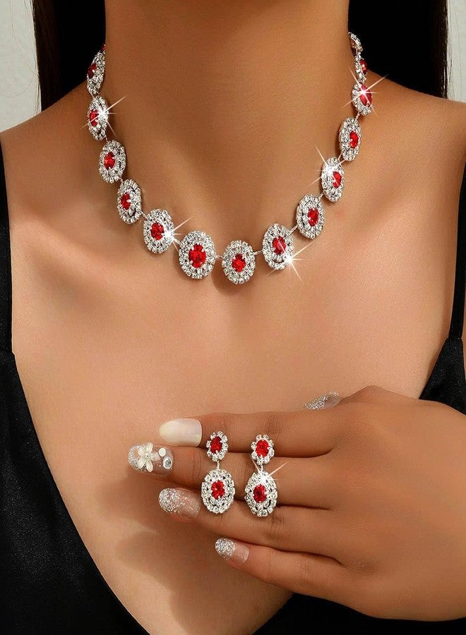 Aularso Rhinestone Bridal Wedding Set Crystal Necklace and Earrings Set Choker Necklace Bridal Wedding Jewelry Set for Women (Red) - Image 2